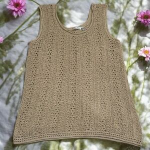 Tahari Tan Crochet 100% Linen Tank‎ Coastal Cottagecore Granola Girl Size L